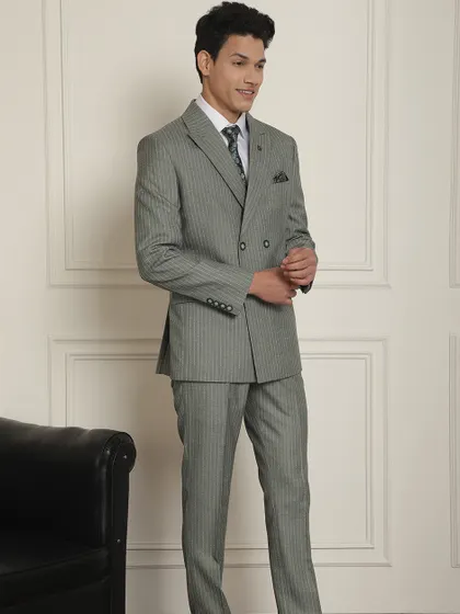 A full view of our grey pinstripe suit, a versatile option for weddings, office, or receptions.