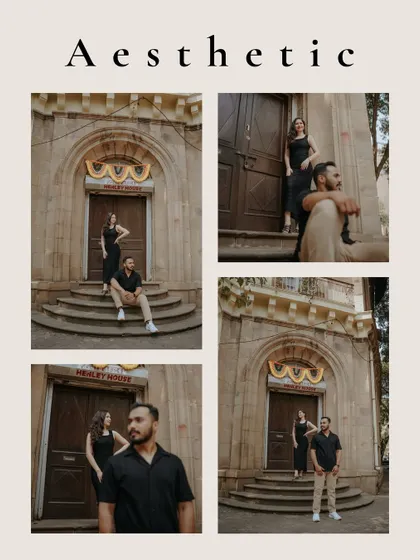 An aesthetic collage showcasing the couple's stylish portraits against the rustic charm of Henley House in Mumbai. A perfect blend of modern style and vintage vibes.