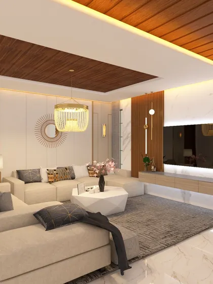 This living room design features a sophisticated palette of cream and brown, with a geometric coffee table and a large sectional sofa. The wooden ceiling detail and layered lighting add warmth and dimension to the space.