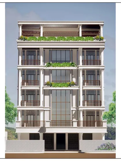 The front elevation of our classical residential building in Mulund. The design features symmetrical window placements, classical columns, and rooftop greenery, creating a timeless and elegant facade.