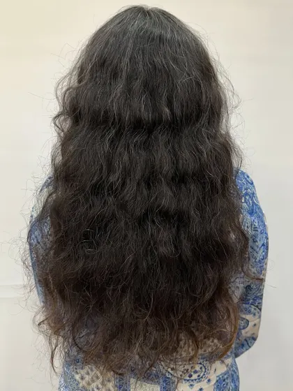 A before shot showing significant grey regrowth and frizzy texture, a common challenge we love to solve. This hair is ready for a warm caramel color transformation.