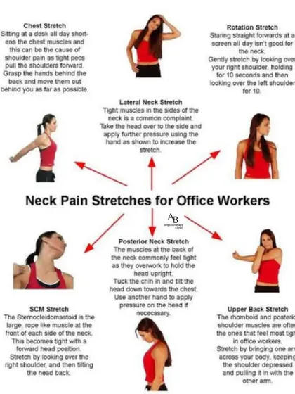 For those who work at a desk, these neck pain stretches are a lifesaver. The guide shows how to perform a chest stretch, lateral neck stretch, and upper back stretch to counteract the effects of sitting all day.