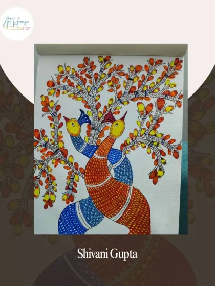 Shivani Gupta's beautiful rendition of the Gond peacock motif. The vibrant colors and detailed patterns are a hallmark of this tribal art form.