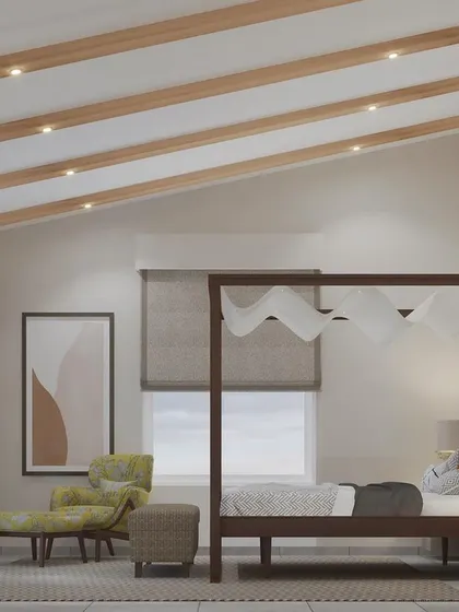 Our 3D render for a bedroom in Villa Shai. The vision was to create a space of calm luxury, with a sloping roof to create volume and a neutral palette that mimics the sand and shores of Goa.