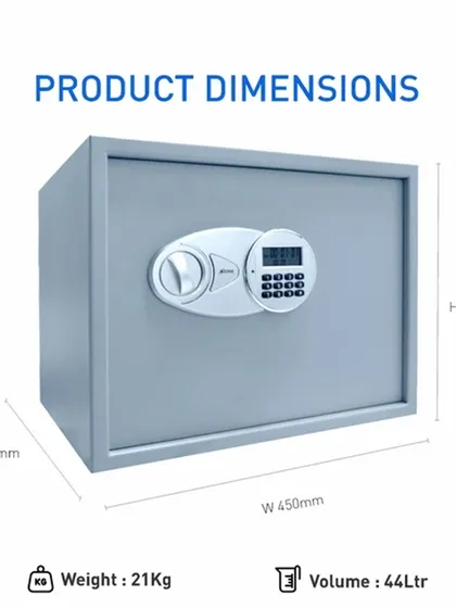 This graphic provides the product dimensions for the Tusker-44 safe, noting its 21 kg weight and 44-litre volume.