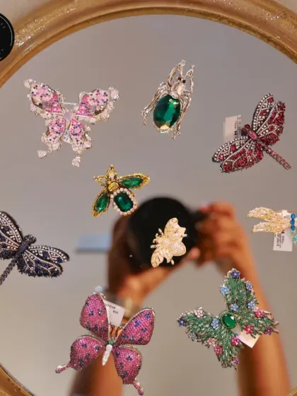 Meet the boldest brooch gang in town. This nature-inspired collection features sparkling butterflies, dragonflies, and beetles in a variety of colors and sizes. Each one is a small piece of art.