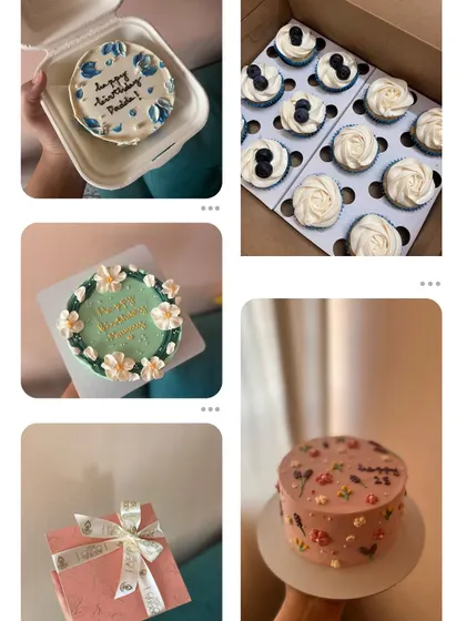 This collection shows some of my favorite bento cakes and cupcakes. You can see a hand-piped floral bento cake, a box of vanilla blueberry cupcakes, and other custom designs perfect for gifting or personal enjoyment.