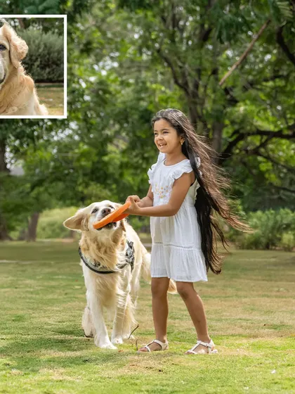 A collage showing a girl playing with her two dogs, Ice and Gundu. The joy and energy are palpable.