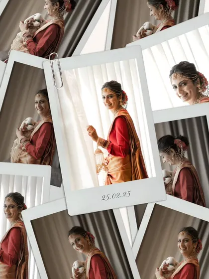 A creative collage designed like a collection of polaroid photos, capturing the bride's sweet and gentle moments before the ceremony.
