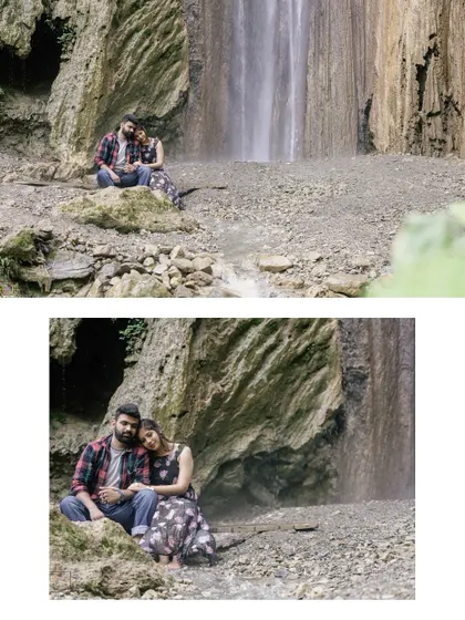 A wide shot and a close-up of the couple sitting by the waterfall, capturing both the scale of the landscape and their intimate bond.