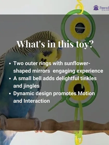 What's in this bird toy? This graphic details the components of the CAITEC Rings and Mirrors toy, including two sunflower-shaped mirrors and a small bell for a delightful and interactive experience.