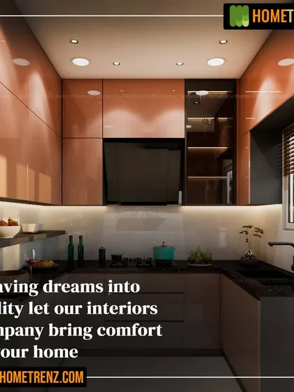A kitchen with a warm and luxurious feel, achieved with high-gloss, copper-toned cabinets. The under-cabinet lighting and open-shelf storage add both functionality and a touch of elegance.