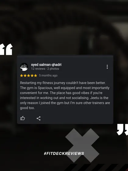 "Restarting my fitness journey couldn't have been better." Syed's review praises our spacious, well-equipped gym and the good vibes for people who are serious about working out.