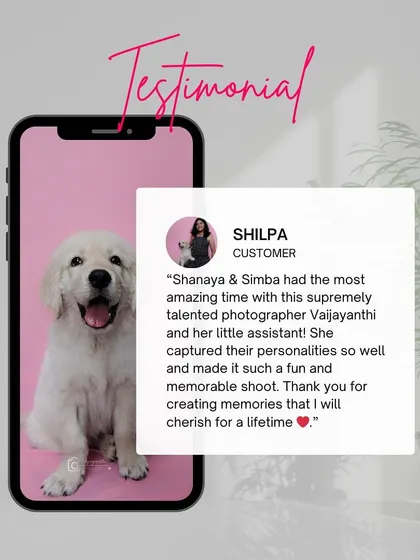 A glowing review from the parents of puppies Shanaya and Simba, highlighting the fun and memorable experience of the shoot.