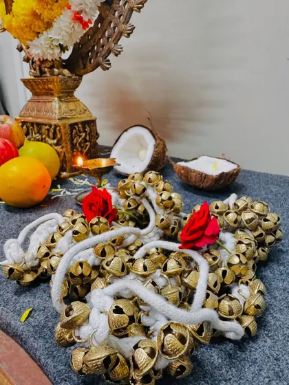 A close-up of the sacred 'gejje' or ankle bells, an essential part of a classical dancer's attire.