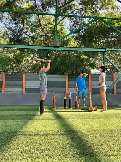 Here I am guiding Jonty Rhodes through a movement with the Indian clubs. It was amazing to see how quickly he adapted, showcasing the true athlete's mindset.