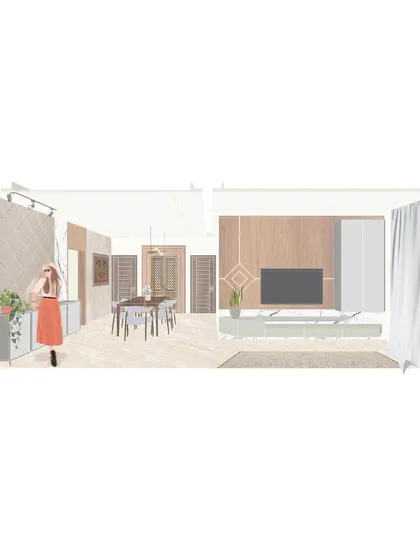 A design illustration for an apartment's living and dining area. This visual tool allows us to experiment with materials, furniture placement, and lighting before execution.