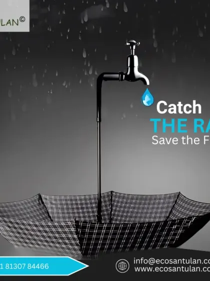 This image creatively visualizes the idea of catching the rain. Instead of just protecting yourself from it, an inverted umbrella catches the water, symbolizing the core idea of rainwater harvesting to save for the future.