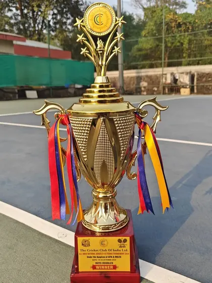 A close-up of the impressive winner's trophy from the Cricket Club of India National Series, won by our trainee Aarav Chhallani.