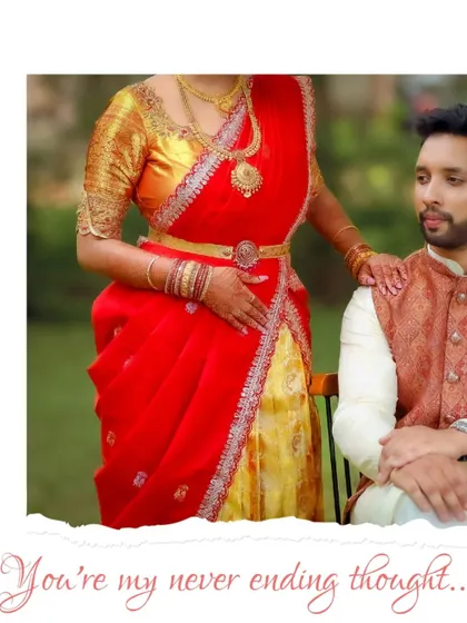 A creative portrait of a South Indian couple with the caption, "You're my never ending thought." The composition focuses on the bride's elegant saree and the couple's connection.
