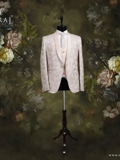 A vision in peach, this Italian suit features an intricate floral texture and a designer vest. It's a masterpiece of refined fashion for the groom who appreciates subtle yet impactful details.