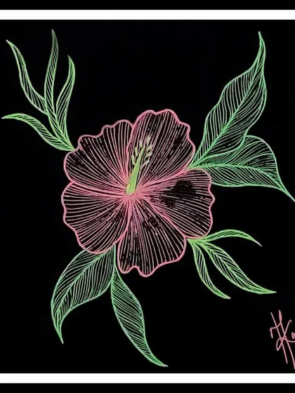 A neon line drawing of a hibiscus flower on a black background. This piece is a reminder to choose what helps your heart bloom.