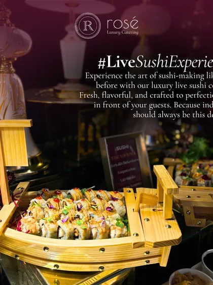 Our live sushi experience includes creative presentations, like this sushi boat. It's a fresh, flavorful, and visually impressive way to serve sushi at your event.