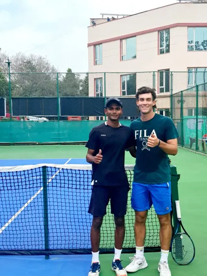 Thumbs up from our player Sajal and ATP pro Tristan Boyer after a hitting session at our academy.