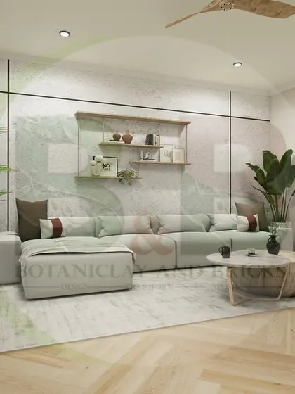 This 3D design showcases our take on a Boho-chic living room. The space is defined by light wood herringbone flooring, a comfortable sectional sofa, abstract art, and plenty of indoor plants to create a relaxed, free-spirited atmosphere.
