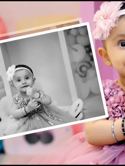 An edited photo from a candy-themed baby shoot, showing the little one in a lovely purple dress surrounded by sweet-themed props.