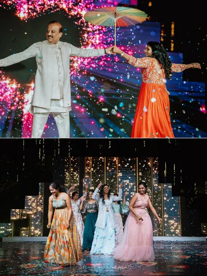 A diptych of joyful dance moments from the Sangeet, featuring family members and friends.