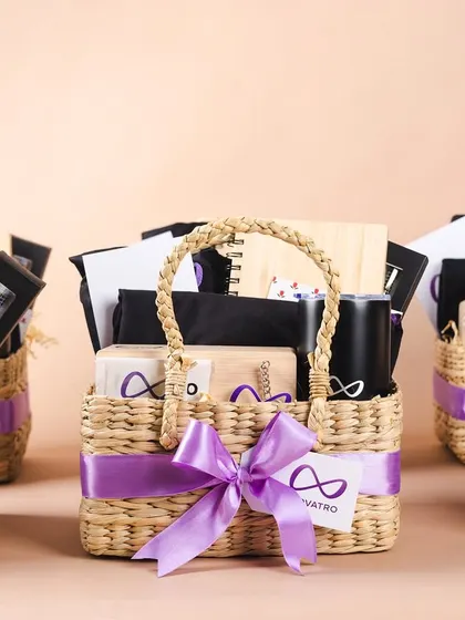 Corporate gifting can be both professional and eco-conscious. For Novatro.ai, we created these beautiful employee welcome kits using handwoven Kauna baskets, filled with branded essentials like a cap, tumbler, and notebook.
