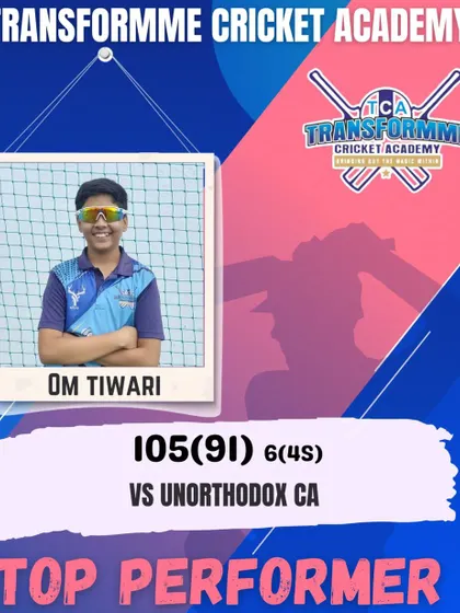 Om Tiwari celebrating his brilliant hundred against Unorthodox Cricket Academy.