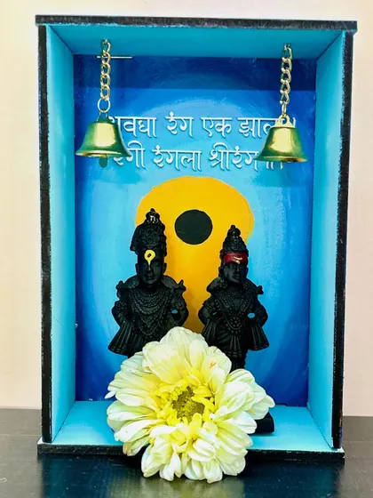 Another view of the custom Vitthal-themed wooden mandir, a perfect addition to a home puja space.