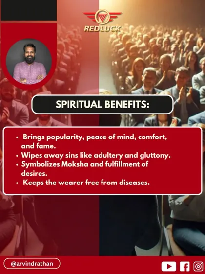 The spiritual benefits of the 5 Mukhi Rudraksha are immense. It brings popularity and fame, wipes away sins like gluttony, and helps the wearer remain free from diseases, symbolizing the fulfillment of desires and moksha.
