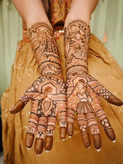 A close-up of the palm, featuring a bride and groom figure and auspicious swastika symbols.