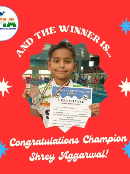 Celebrating 7-year-old Shrey Aggarwal's Bronze medal win in the 50m Backstroke in Ambala. A fantastic achievement for one of our youngest champions.