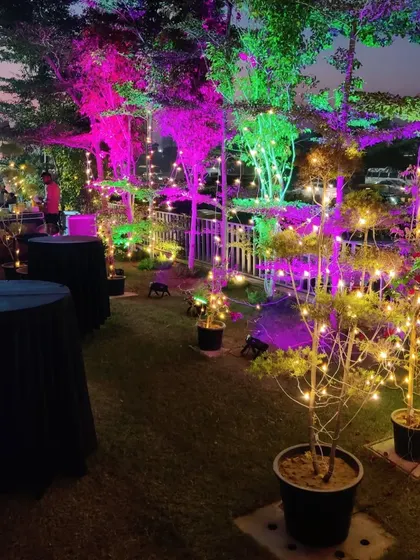 Another view of the party setup, showing the interplay of warm fairy lights on potted plants and the vibrant uplighting on the larger trees. This layered lighting approach adds depth and a magical feel to the corporate event space.