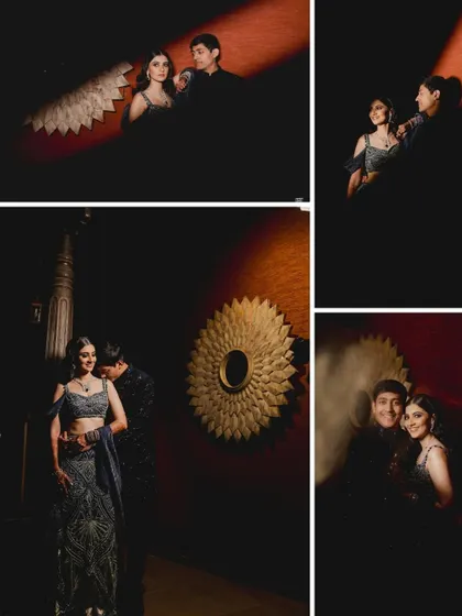 A collage of a couple's cocktail party portraits, using creative lighting to highlight their glamorous outfits and romantic connection.