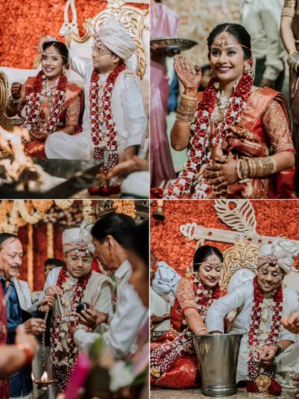 A collage of candid and happy moments from a wedding ceremony, including playful games and family blessings.