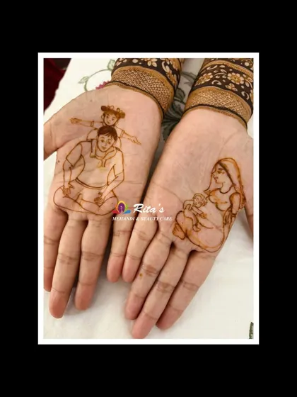 A very special and emotional baby shower henna design. On one hand, a father with his child, and on the other, a mother cradling her newborn. Creating such personalized story-telling henna is a beautiful way to connect with clients.