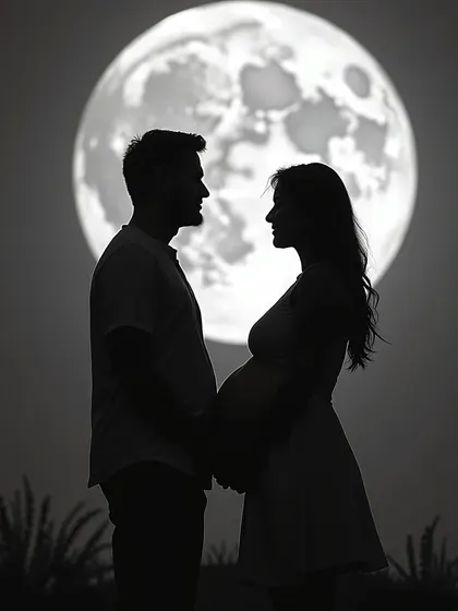A simple and clean silhouette of a couple against the moon prop, highlighting their profiles and the baby bump.