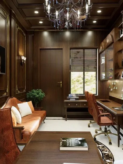 This view of the classical home office highlights the comfortable leather sofa and elegant wall paneling. It's a perfect space for both focused work and quiet contemplation.