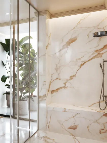 The shower area in this bathroom is clad in beautiful gold-veined marble, rendered to look both luxurious and serene.