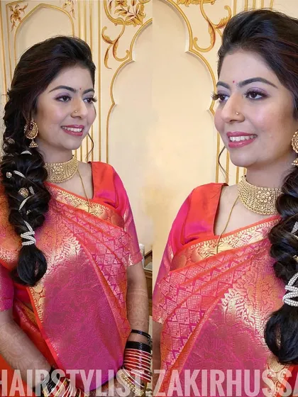 A collage showing the side-swept bubble braid from the front and back, highlighting its intricate details.
