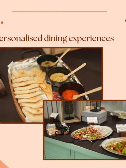 We provide personalized dining experiences. This collage showcases our diverse offerings, from a Mediterranean mezze platter to fresh salads, all tailored to our clients' preferences.