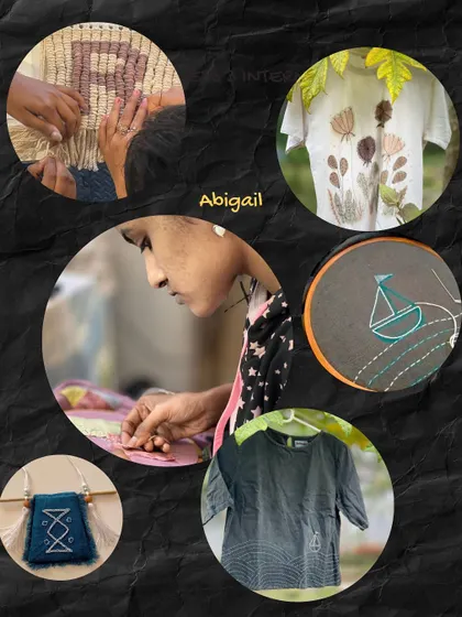 A collage of work from our intern, Abigail. Her projects included macrame, eco-printing, embroidery, and creating naturally dyed garments, showcasing her diverse talents.
