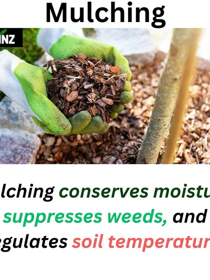 This graphic explains the benefits of mulching. It's a simple technique that helps conserve moisture, suppress weeds, and regulate soil temperature for healthier plants.
