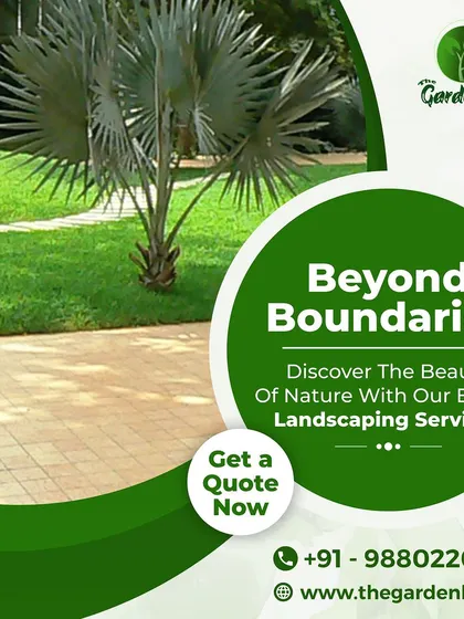 Our expert landscaping services go beyond boundaries to discover the true beauty of nature. This graphic highlights a project with a beautiful lawn and paved area.