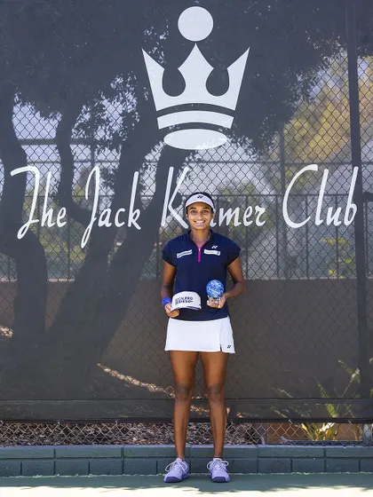 Holding the SoCal Pro Series singles trophy at the Jack Kramer Club. It was a great week where I didn't drop a set, a testament to consistent performance and mental focus, which are core parts of my coaching.